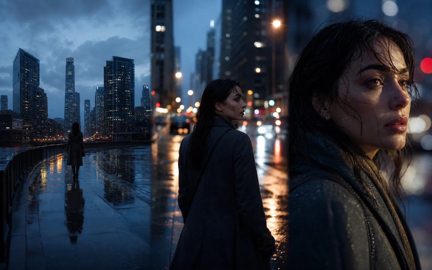 Connected cinematic frames of a character moving through a city