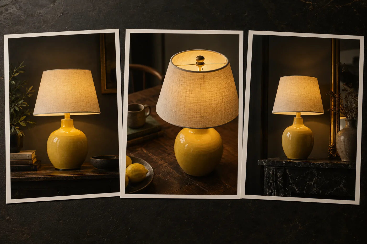 The same yellow lamp shown in different styled settings