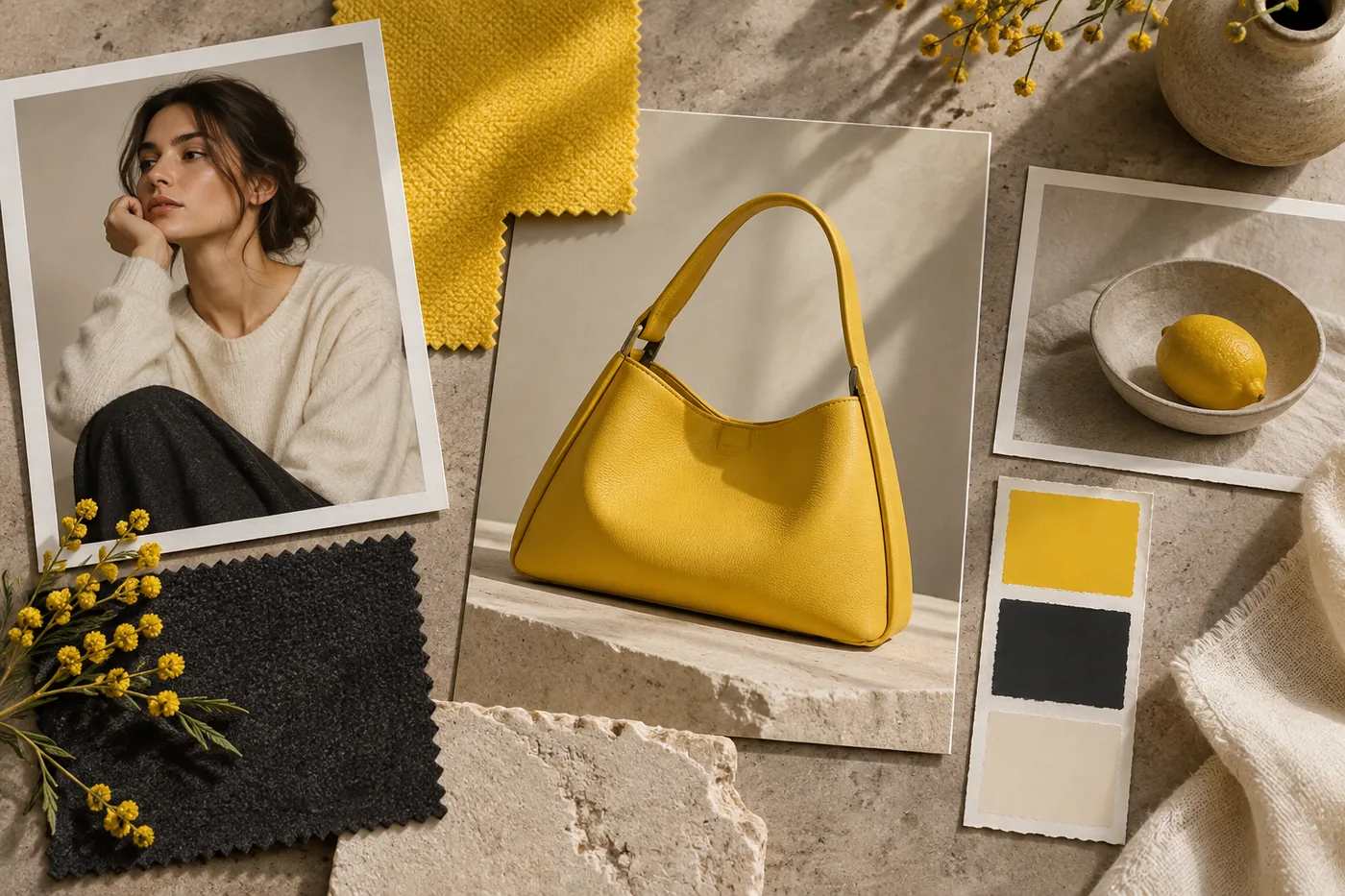 Photos and material samples arranged around a product concept