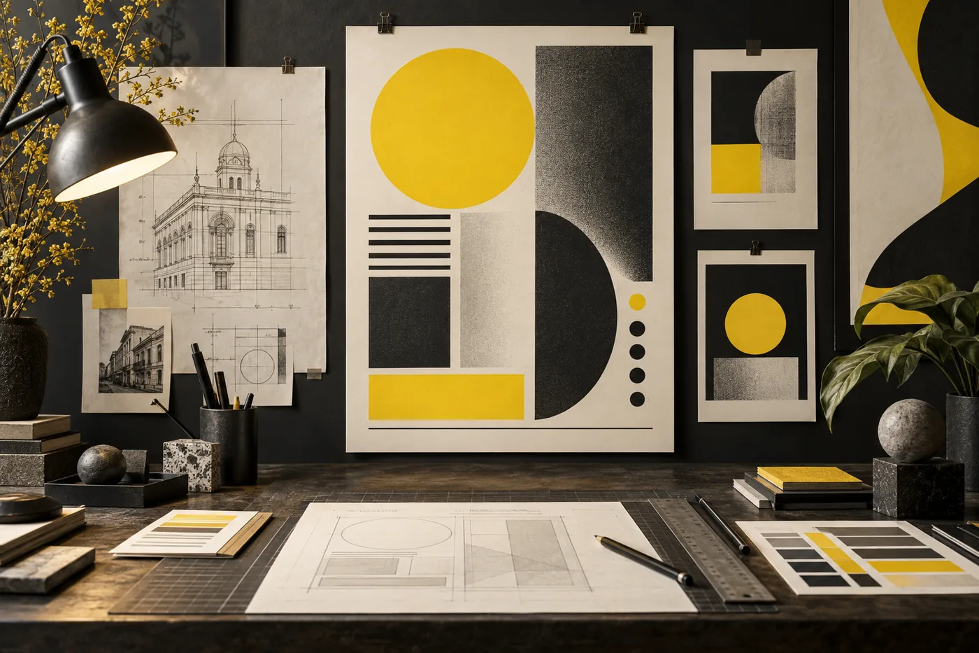Graphic layout boards with structured poster designs